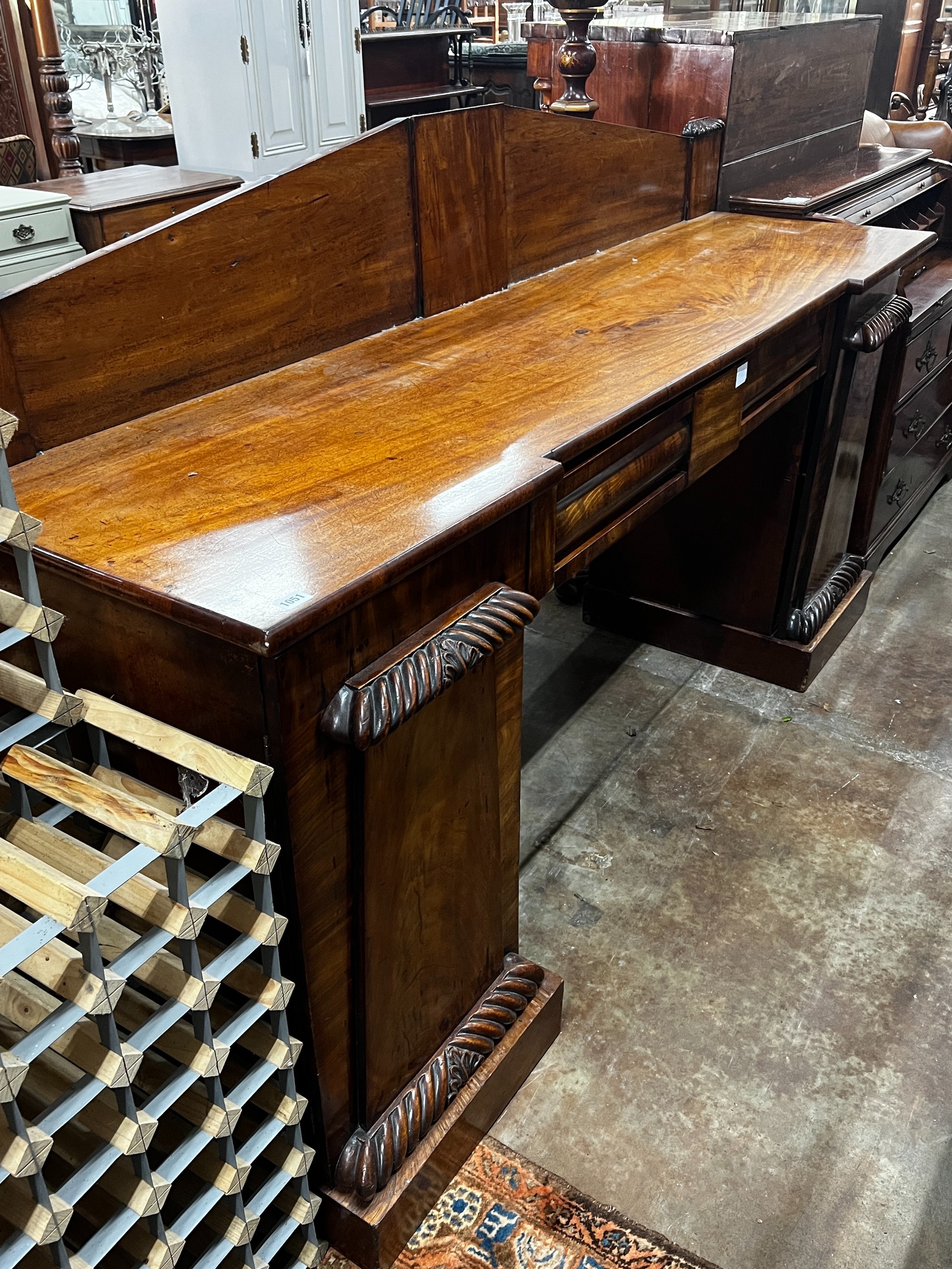 An early Victorian mahogany pedestal sideboard, length 204cm, depth 55cm, height 123cm